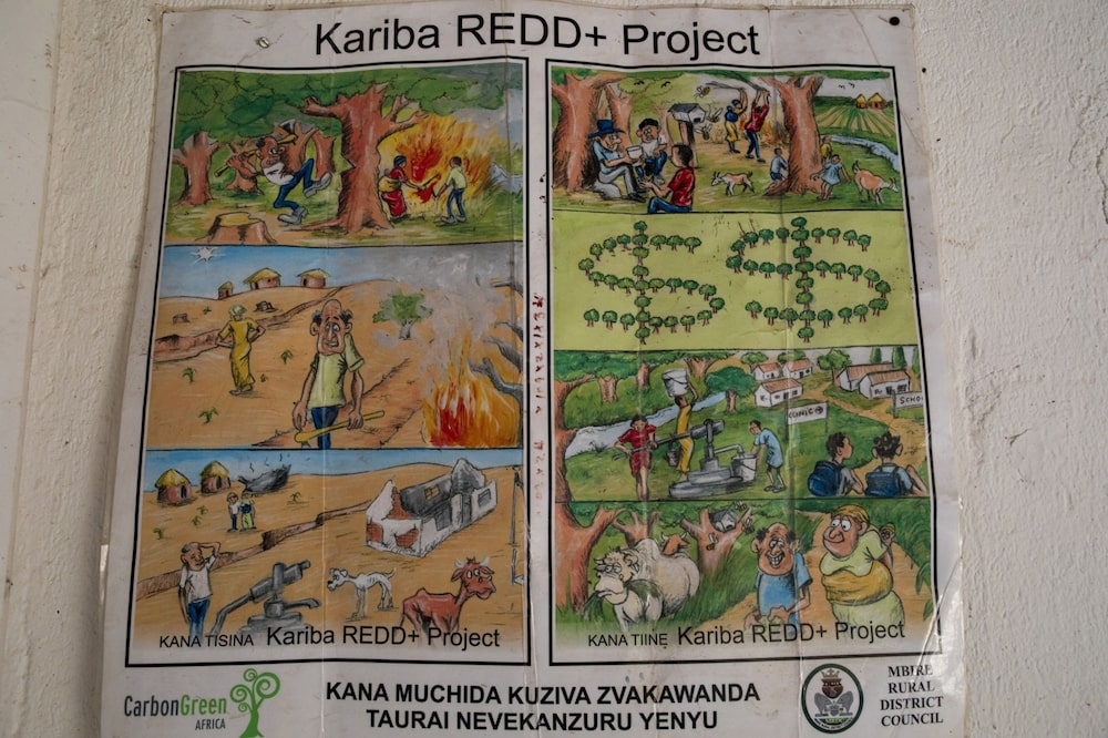 A poster illustrating the Kariba REDD+ project hangs on the wall of a local government office in Mbire, Zimbabwe, in May, 2021. A poster illustrating the Kariba REDD+ project hangs on the wall of a local government office in Mbire, Zimbabwe, in May, 2021.