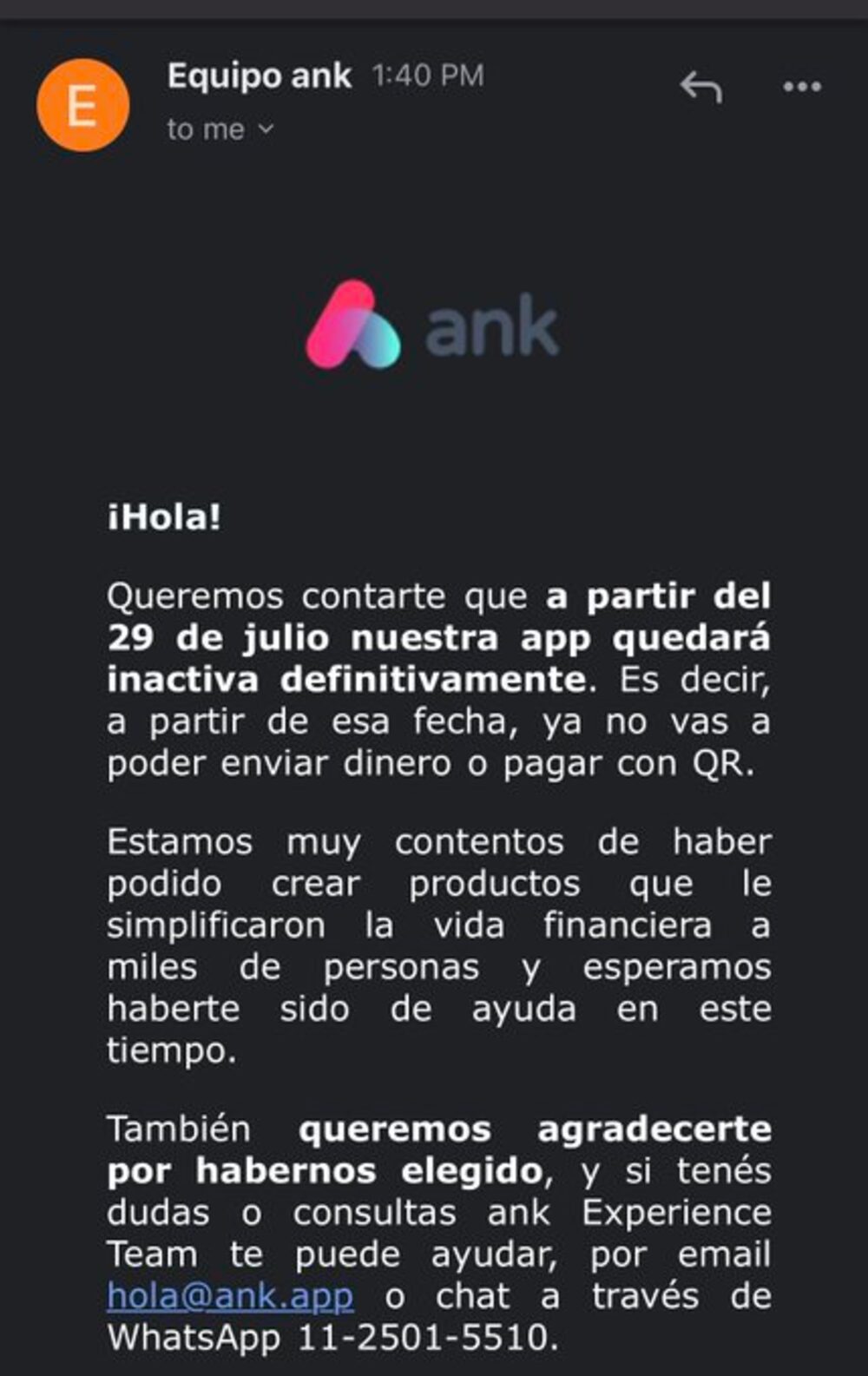 El correo electrónico que envió Ank a sus clientes. El correo electrónico que envió Ank a sus clientes.