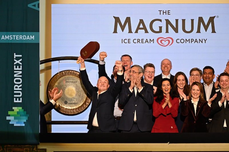 Peter ter Kulve, chief executive officer of The Magnum Ice Cream Co., left, during the listing of The Magnum Ice Cream Co. at Euronext Amsterdam in Amsterdam, Netherlands, on Monday, Dec. 8, 2025. The company, which owns the Ben & Jerry's and Cornetto brands, is starting to trade a month later than planned after the listing was delayed by the US government shutdown. Photographer: Wiktor Dabkowski/Bloomberg Peter ter Kulve, chief executive officer of The Magnum Ice Cream Co., left, during the listing of The Magnum Ice Cream Co. at Euronext Amsterdam in Amsterdam, Netherlands, on Monday, Dec. 8, 2025. The company, which owns the Ben & Jerry's and Cornetto brands, is starting to trade a month later than planned after the listing was delayed by the US government shutdown. Photographer: Wiktor Dabkowski/Bloomberg