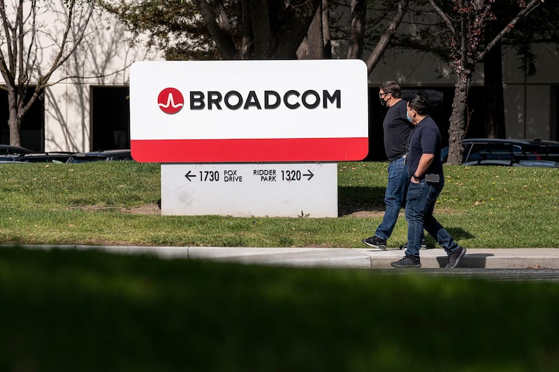 People wearing protective masks walk past the Broadcom Inc. headquarters in San Jose, California, U.S., on Tuesday, March 2, 2021. Broadcom Inc. is scheduled to release earnings figures on March 4. Photographer: David Paul Morris/Bloomberg People wearing protective masks walk past the Broadcom Inc. headquarters in San Jose, California, U.S., on Tuesday, March 2, 2021. Broadcom Inc. is scheduled to release earnings figures on March 4. Photographer: David Paul Morris/Bloomberg