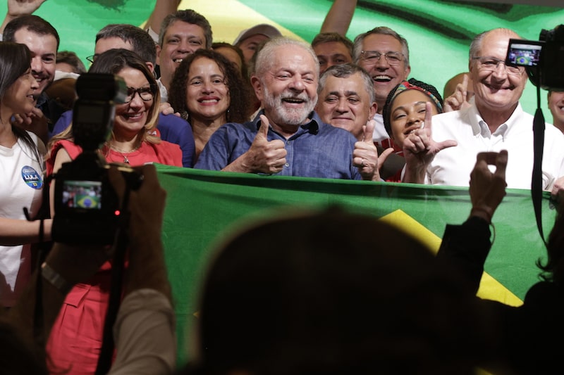 Luiz Inacio Lula da Silva, Brazil's president-elect, center, poses for a photograph after winning the runoff presidential election in Sao Paulo, Brazil, on Sunday, Oct. 30, 2022. Photographer: Tuane Fernandes/Bloomberg Luiz Inacio Lula da Silva, Brazil's president-elect, center, poses for a photograph after winning the runoff presidential election in Sao Paulo, Brazil, on Sunday, Oct. 30, 2022. Photographer: Tuane Fernandes/Bloomberg