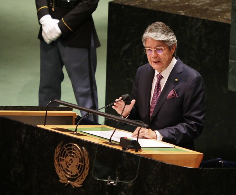 El presidente del Ecuador, Guillermo Lasso , intervino en la Asamblea General de las Naciones Unidas en septiembre de 2021. El presidente del Ecuador, Guillermo Lasso , intervino en la Asamblea General de las Naciones Unidas en septiembre de 2021.