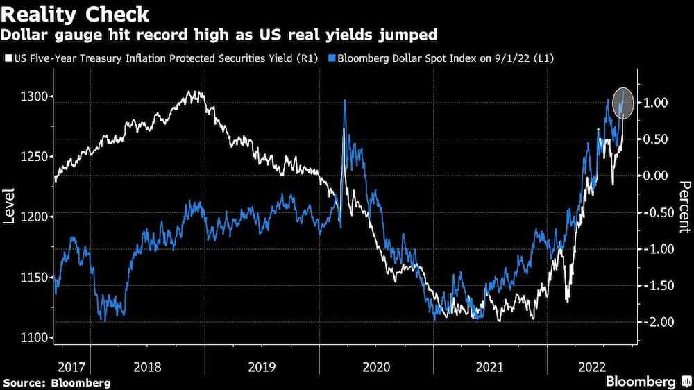 Un índice del dólar tocó un récord mientras los rendimientos reales de EE.UU. se disparan Un índice del dólar tocó un récord mientras los rendimientos reales de EE.UU. se disparan