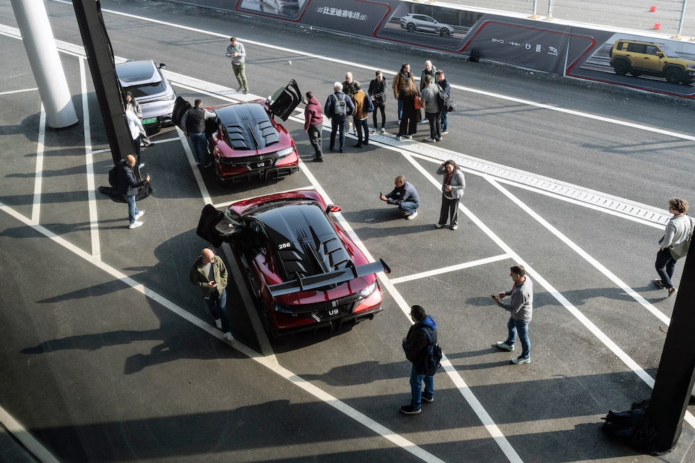 BYD U9 electric vehicles at the company's racetrack facility in Zhengzhou, China. BYD U9 electric vehicles at the company's racetrack facility in Zhengzhou, China.