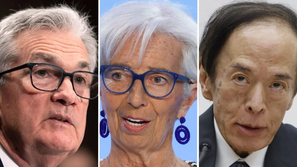 O presidente do Federal Reserve, Jerome Powell (à esquerda); Christine Lagarde, presidente do BCE (ao meio); e Kazuo Ueda, presidente do Banco do Japão (à direita) O presidente do Federal Reserve, Jerome Powell (à esquerda); Christine Lagarde, presidente do BCE (ao meio); e Kazuo Ueda, presidente do Banco do Japão (à direita)