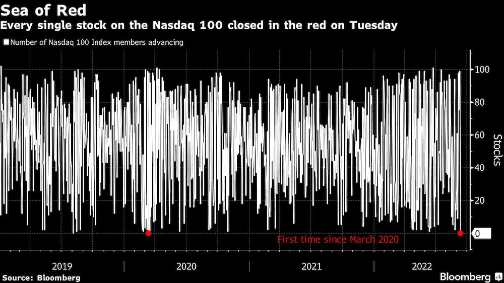 Todas las acciones del Nasdaq 100 cerraron el martes con pérdidas Todas las acciones del Nasdaq 100 cerraron el martes con pérdidas