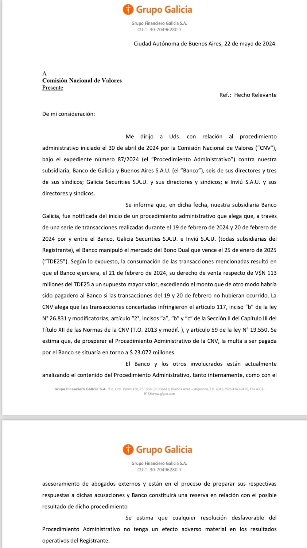 El hecho relevante informado por Galicia a la CNV este miércoles, 22 de mayo. El hecho relevante informado por Galicia a la CNV este miércoles, 22 de mayo.