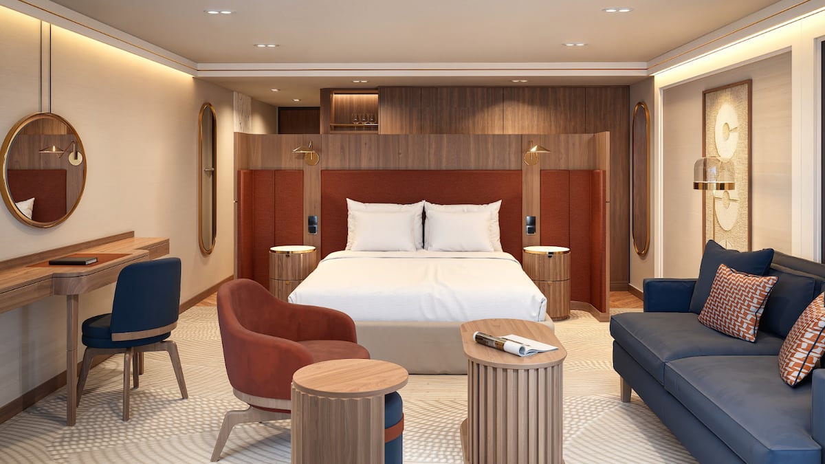 Cabine do AmaRudi, segundo navio de largura dupla da AmaWaterways, com estreia prevista para 2027 no Danúbio