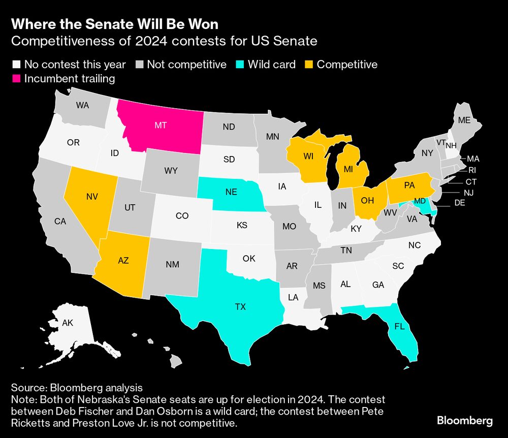 Mapa mostra estados onde a decisão sobre senadores é mais importante para definir o controle sobre o Congresso americano. Mapa mostra estados onde a decisão sobre senadores é mais importante para definir o controle sobre o Congresso americano.