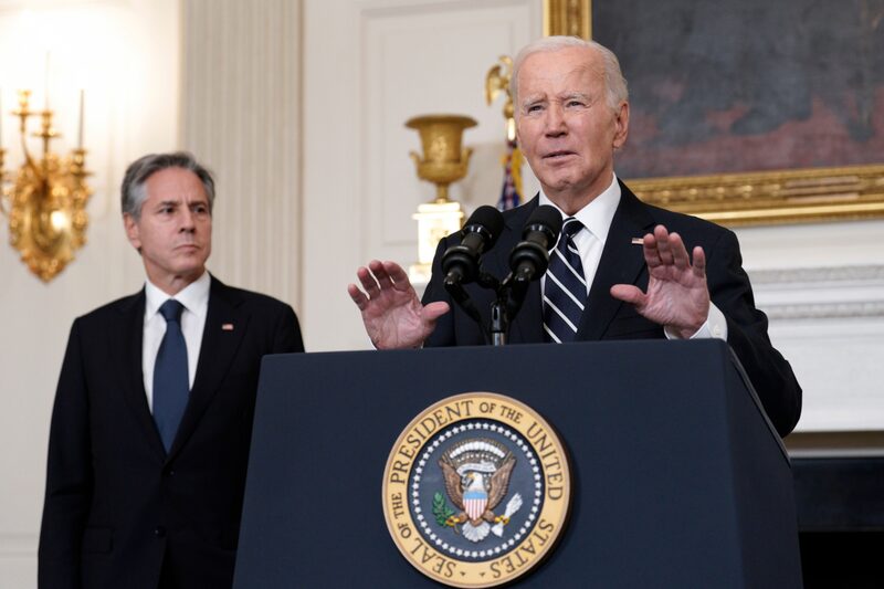 US President Joe Biden speaks in the State Dining Room of the White House in Washington, DC, US, on Saturday, Oct 7, 2023. A surprise multifront attack on Israel by the Palestinian group Hamas will likely lead to a massive military retaliation on Gaza and possibly to a wider conflagration with repercussions beyond the Middle East. Photographer: Yuri Gripas/Abaca/Bloomberg US President Joe Biden speaks in the State Dining Room of the White House in Washington, DC, US, on Saturday, Oct 7, 2023. A surprise multifront attack on Israel by the Palestinian group Hamas will likely lead to a massive military retaliation on Gaza and possibly to a wider conflagration with repercussions beyond the Middle East. Photographer: Yuri Gripas/Abaca/Bloomberg