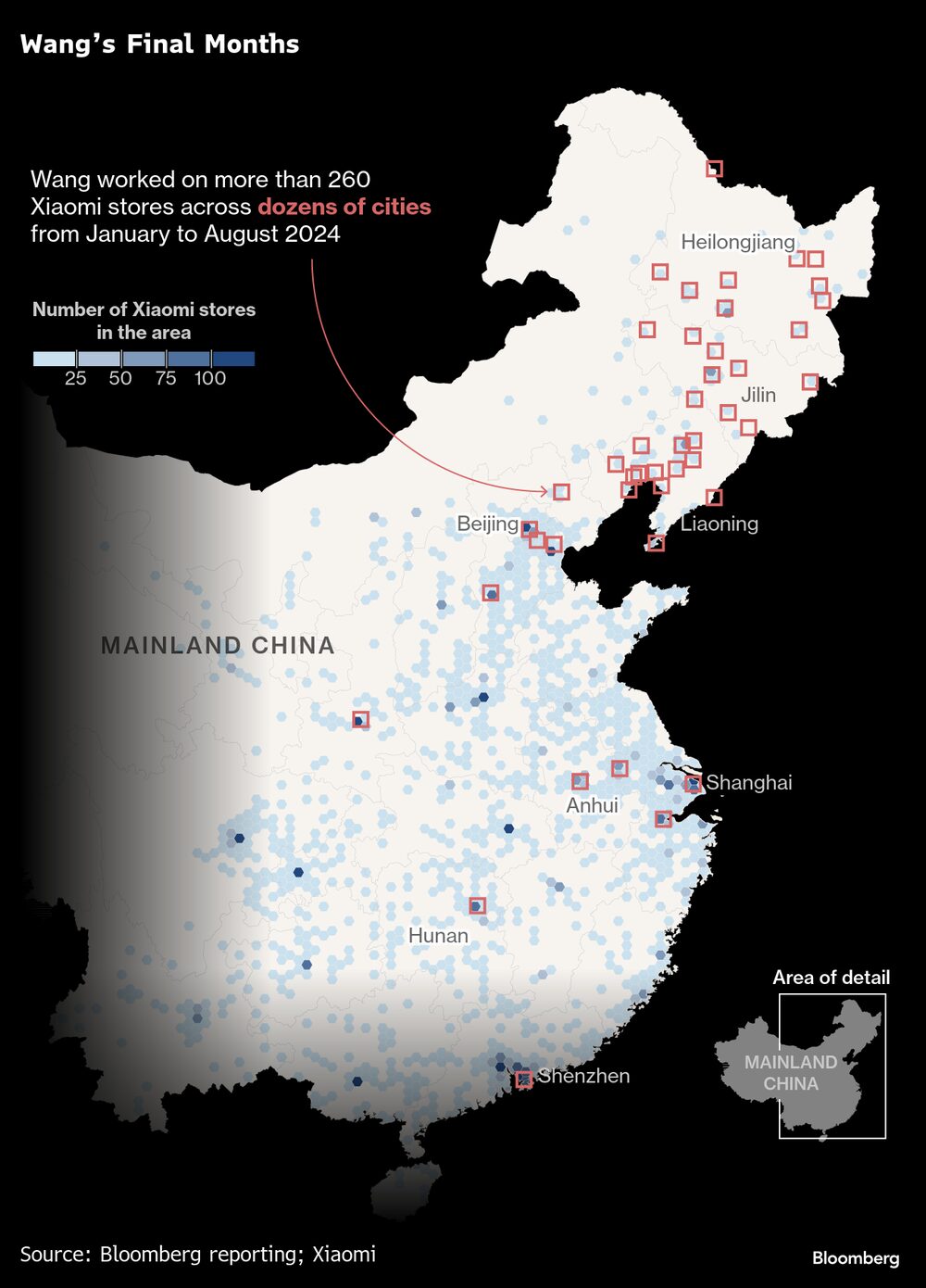 Wang trabajó en más de 260 tiendas en docenas de ciudades, de enero a agosto de 2024. Wang trabajó en más de 260 tiendas en docenas de ciudades, de enero a agosto de 2024.