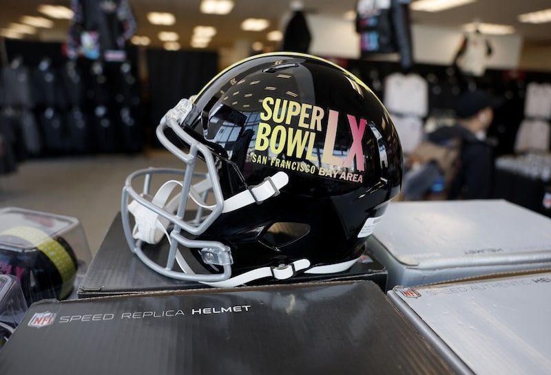 A Super Bowl LX helmet is displayed at an official NFL pop-up Super Bowl shop in San Francisco on Feb. 3. Photographer: Justin Sullivan/Getty Images A Super Bowl LX helmet is displayed at an official NFL pop-up Super Bowl shop in San Francisco on Feb. 3. Photographer: Justin Sullivan/Getty Images
