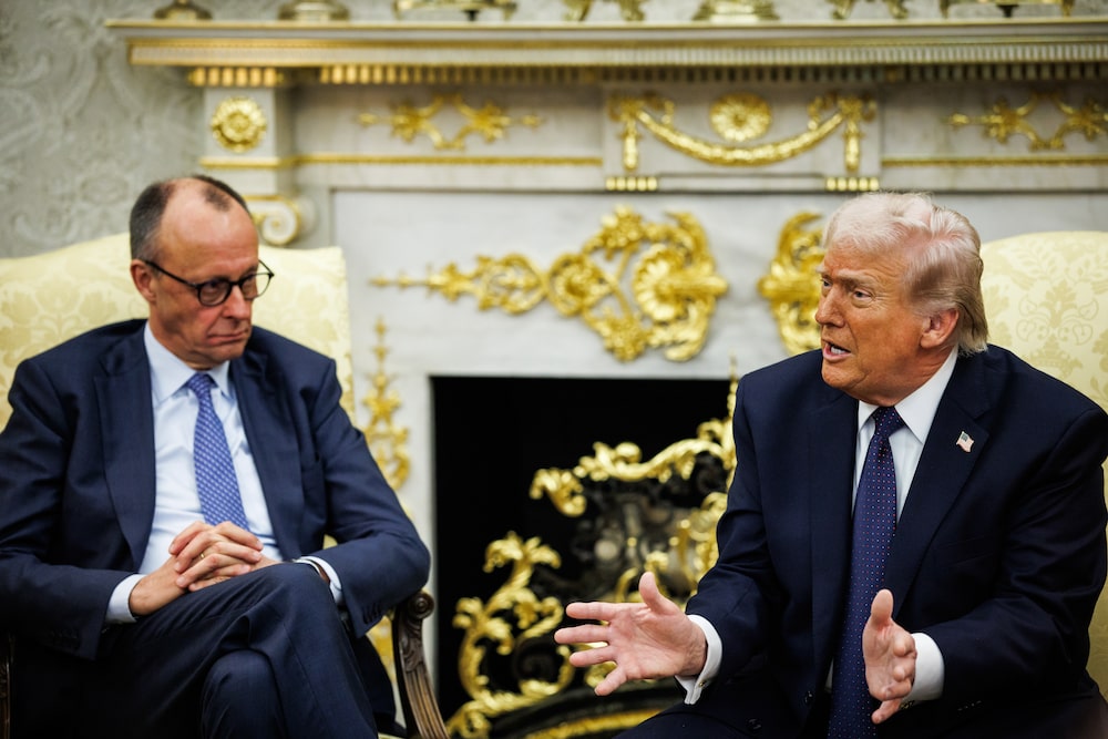 Friedrich Merz, Germany's chancellor, left, and US President Donald Trump during a meeting in the Oval Office of the White House in Washington, DC, US, on Tuesday, March 3, 2026. Merz said he intended to discuss with President Donald Trump the next steps in the war on Iran amid questions about the US administration's endgame after it launched strikes on the Islamic Republic. Photographer: Samuel Corum/Sipa/Bloomberg Friedrich Merz, Germany's chancellor, left, and US President Donald Trump during a meeting in the Oval Office of the White House in Washington, DC, US, on Tuesday, March 3, 2026. Merz said he intended to discuss with President Donald Trump the next steps in the war on Iran amid questions about the US administration's endgame after it launched strikes on the Islamic Republic. Photographer: Samuel Corum/Sipa/Bloomberg