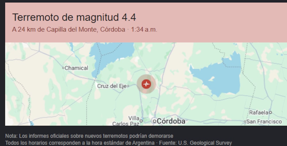El epicentro del sismo que generó un temblor en distintos puntos de Córdoba. El epicentro del sismo que generó un temblor en distintos puntos de Córdoba.