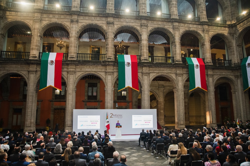 Claudia Sheinbaum, Mexico's president, delivers a state of the union address at the National Palace in Mexico City, Mexico, on Tuesday, Sept. 1, 2026. Sheinbaum said her administration has cut spending by MXN200 billion ($11.8 billion) from 2024. Photographer: Mayolo Lopez Gutierrez/Bloomberg Claudia Sheinbaum, Mexico's president, delivers a state of the union address at the National Palace in Mexico City, Mexico, on Tuesday, Sept. 1, 2026. Sheinbaum said her administration has cut spending by MXN200 billion ($11.8 billion) from 2024. Photographer: Mayolo Lopez Gutierrez/Bloomberg