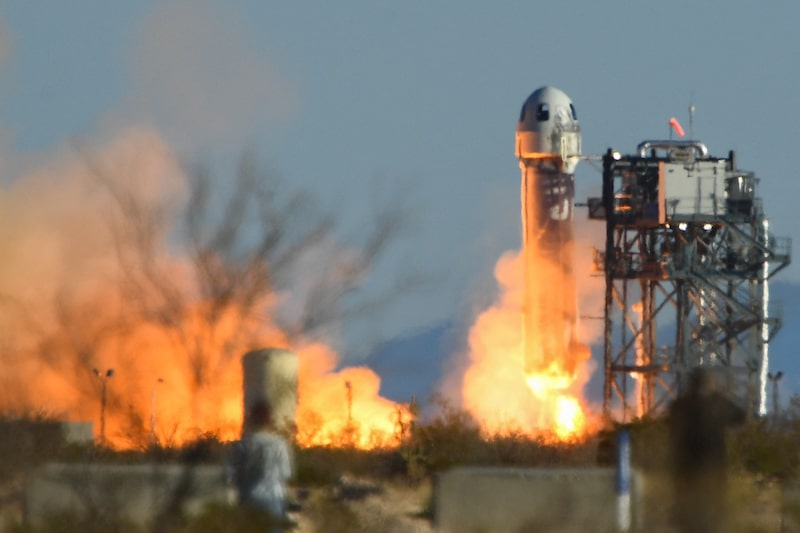 Un cohete Blue Origin New Shepard despega desde el Sitio de Lanzamiento Uno en el oeste de Texas en 2022. Foto: Patrick T. Fallon/AFP/Getty Images Un cohete Blue Origin New Shepard despega desde el Sitio de Lanzamiento Uno en el oeste de Texas en 2022. Foto: Patrick T. Fallon/AFP/Getty Images