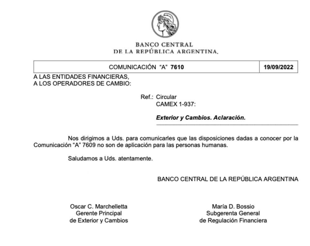El comunicado del BCRA aclarando que la medida no afectará a personas humanas. El comunicado del BCRA aclarando que la medida no afectará a personas humanas.