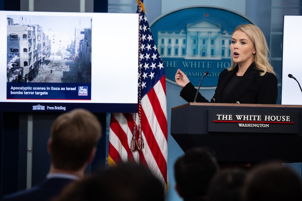 Karoline Leavitt, White House press secretary, displays a Fox News clip of damage in Gaza during a news conference in the James S. Brady Press Briefing Room of the White House in Washington, DC, US, on Wednesday, Feb. 5, 2025. Leavitt recently suggested the administration still intended to withhold congressionally mandated funding for programs it considered inconsistent with Donald Trump's views on climate action, diversity, equity and inclusion, and other priorities. Photographer: Francis Chung/Politico/Bloomberg Karoline Leavitt, White House press secretary, displays a Fox News clip of damage in Gaza during a news conference in the James S. Brady Press Briefing Room of the White House in Washington, DC, US, on Wednesday, Feb. 5, 2025. Leavitt recently suggested the administration still intended to withhold congressionally mandated funding for programs it considered inconsistent with Donald Trump's views on climate action, diversity, equity and inclusion, and other priorities. Photographer: Francis Chung/Politico/Bloomberg