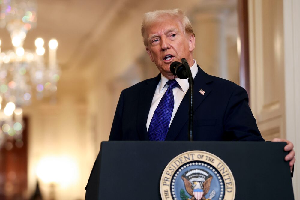 US President Donald Trump speaks during a bill signing ceremony for the Laken Riley Act in the East Room of the White House in Washington, DC, US, on Wednesday, Jan. 29, 2025. Under the bill, the Homeland Security Department would be required to detain migrants who entered the US unlawfully if they are arrested for specified crimes, and would allow states to pursue civil action against federal agencies for harms allegedly caused by not complying with immigration laws related to admissions and removals. Photographer: Samuel Corum/Sipa/Bloomberg US President Donald Trump speaks during a bill signing ceremony for the Laken Riley Act in the East Room of the White House in Washington, DC, US, on Wednesday, Jan. 29, 2025. Under the bill, the Homeland Security Department would be required to detain migrants who entered the US unlawfully if they are arrested for specified crimes, and would allow states to pursue civil action against federal agencies for harms allegedly caused by not complying with immigration laws related to admissions and removals. Photographer: Samuel Corum/Sipa/Bloomberg