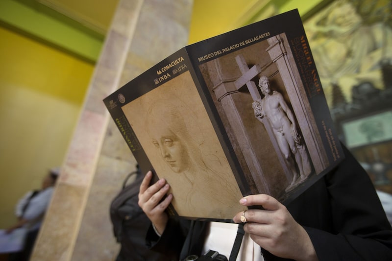 Un visitante observa un folleto de exposiciones de Miguel Ángel Buonarroti y Leaonardo Da Vinci en el Palacio de Bellas Artes en la Ciudad de México. Un visitante observa un folleto de exposiciones de Miguel Ángel Buonarroti y Leaonardo Da Vinci en el Palacio de Bellas Artes en la Ciudad de México.