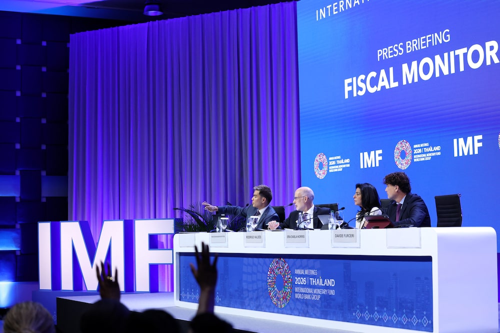 IMF Fiscal Affairs Department Director Rodrigo Valdés, second left, Deputy Director Era Dabla-Norris, third left, and Division Chief Davide Furceri, right, brief the press on the latest IMF Fiscal Monitor report with during the 2026 Annual Meetings of the International Monetary Fund and the World Bank Group in Bangkok, Thailand, on October 14, 2026. IMF Fiscal Affairs Department Director Rodrigo Valdés, second left, Deputy Director Era Dabla-Norris, third left, and Division Chief Davide Furceri, right, brief the press on the latest IMF Fiscal Monitor report with during the 2026 Annual Meetings of the International Monetary Fund and the World Bank Group in Bangkok, Thailand, on October 14, 2026.
