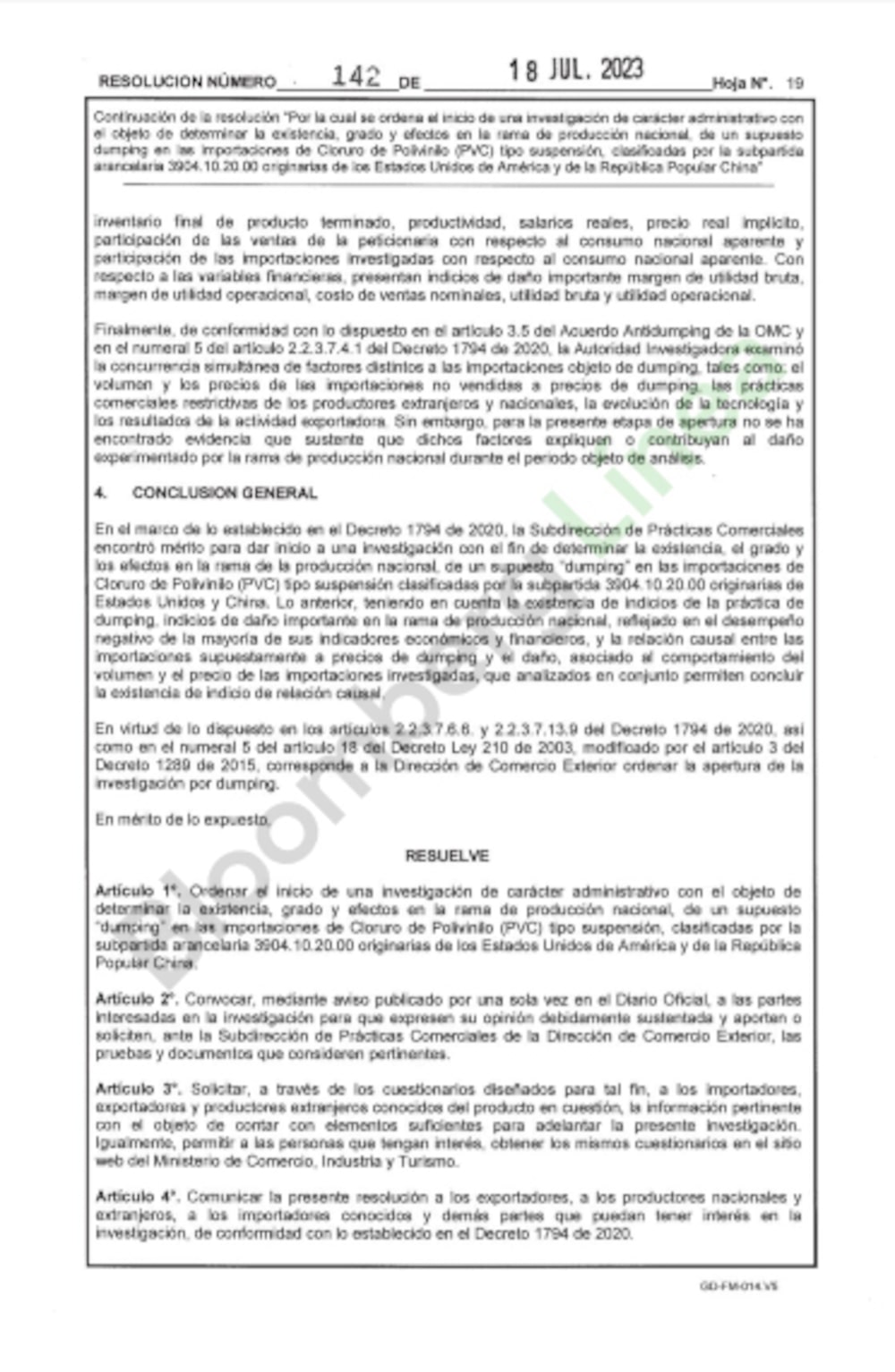 Resolución investigación de dumping Resolución investigación de dumping