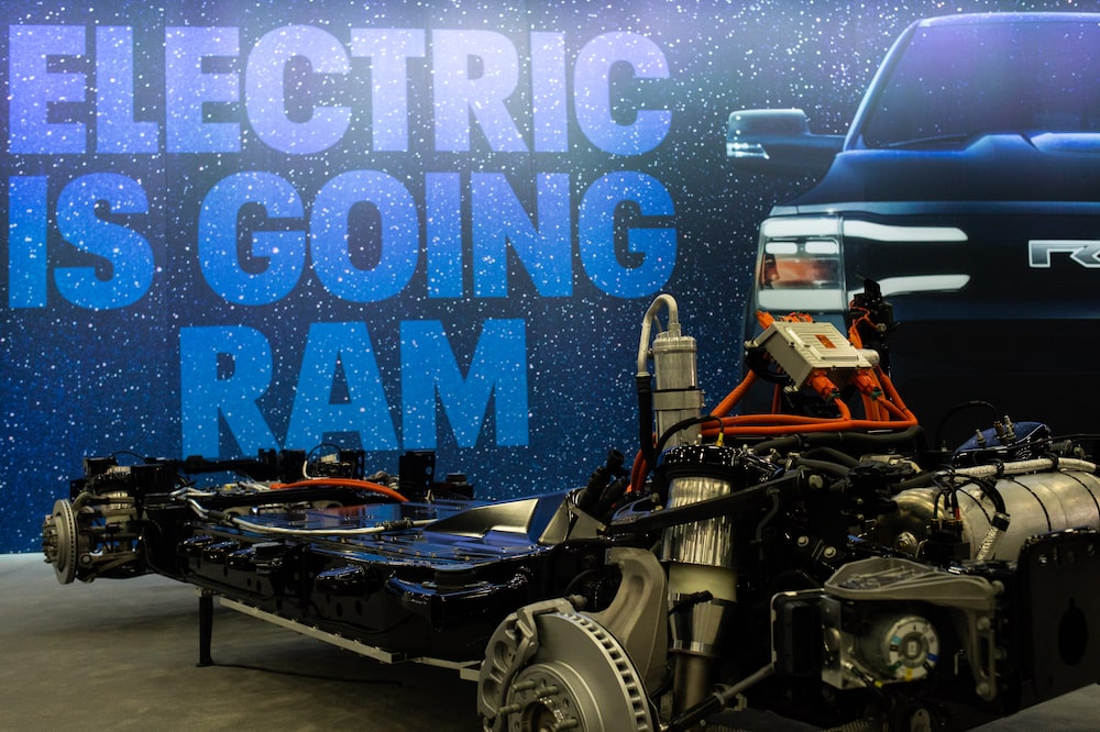 The chassis of a 2025 Ram 1500 Rev electric truck during the 2023 North American International Auto Show (NAIAS) in Detroit, Michigan, US, on Thursday, Sept. 14, 2023. The event showcases over 20 attractions, events, and shows about vehicles and the ever-growing technology behind them. Photographer: Emily Elconin/Bloomberg The chassis of a 2025 Ram 1500 Rev electric truck during the 2023 North American International Auto Show (NAIAS) in Detroit, Michigan, US, on Thursday, Sept. 14, 2023. The event showcases over 20 attractions, events, and shows about vehicles and the ever-growing technology behind them. Photographer: Emily Elconin/Bloomberg