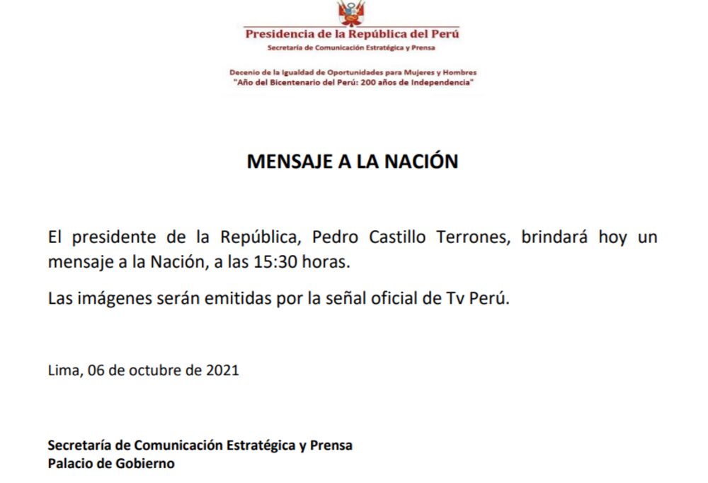 Mensaje a la nación en Perú. Mensaje a la nación en Perú.