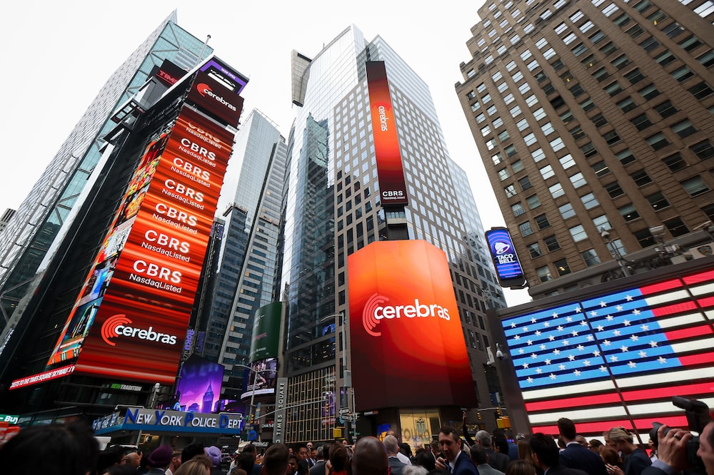 Cerebras Systems Inc. signage during the company's initial public offering (IPO) at the Nasdaq MarketSite in New York, US, on Thursday, May 14, 2026. Cerebras Systems Inc. shares are indicated to open 82% above their listing price, after the artificial intelligence chipmaker raised $5.55 billion in an upsized and hotly anticipated IPO. Photographer: Michael Nagle/Bloomberg Cerebras Systems Inc. signage during the company's initial public offering (IPO) at the Nasdaq MarketSite in New York, US, on Thursday, May 14, 2026. Cerebras Systems Inc. shares are indicated to open 82% above their listing price, after the artificial intelligence chipmaker raised $5.55 billion in an upsized and hotly anticipated IPO. Photographer: Michael Nagle/Bloomberg