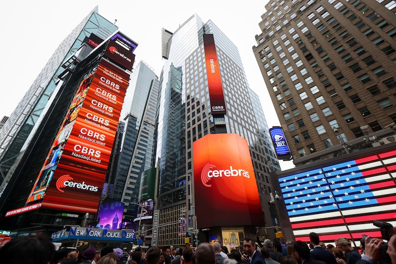 Cerebras Systems Inc. signage during the company's initial public offering (IPO) at the Nasdaq MarketSite in New York, US, on Thursday, May 14, 2026. Cerebras Systems Inc. shares are indicated to open 82% above their listing price, after the artificial intelligence chipmaker raised $5.55 billion in an upsized and hotly anticipated IPO. Photographer: Michael Nagle/Bloomberg Cerebras Systems Inc. signage during the company's initial public offering (IPO) at the Nasdaq MarketSite in New York, US, on Thursday, May 14, 2026. Cerebras Systems Inc. shares are indicated to open 82% above their listing price, after the artificial intelligence chipmaker raised $5.55 billion in an upsized and hotly anticipated IPO. Photographer: Michael Nagle/Bloomberg