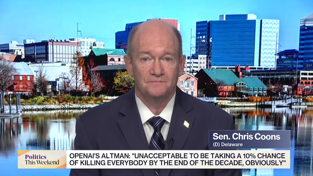 El senador Chris Coons, en el programa "Bloomberg This Weekend", afirma que el Congreso necesita medidas de protección exigibles para la IA. El senador Chris Coons, en el programa "Bloomberg This Weekend", afirma que el Congreso necesita medidas de protección exigibles para la IA.