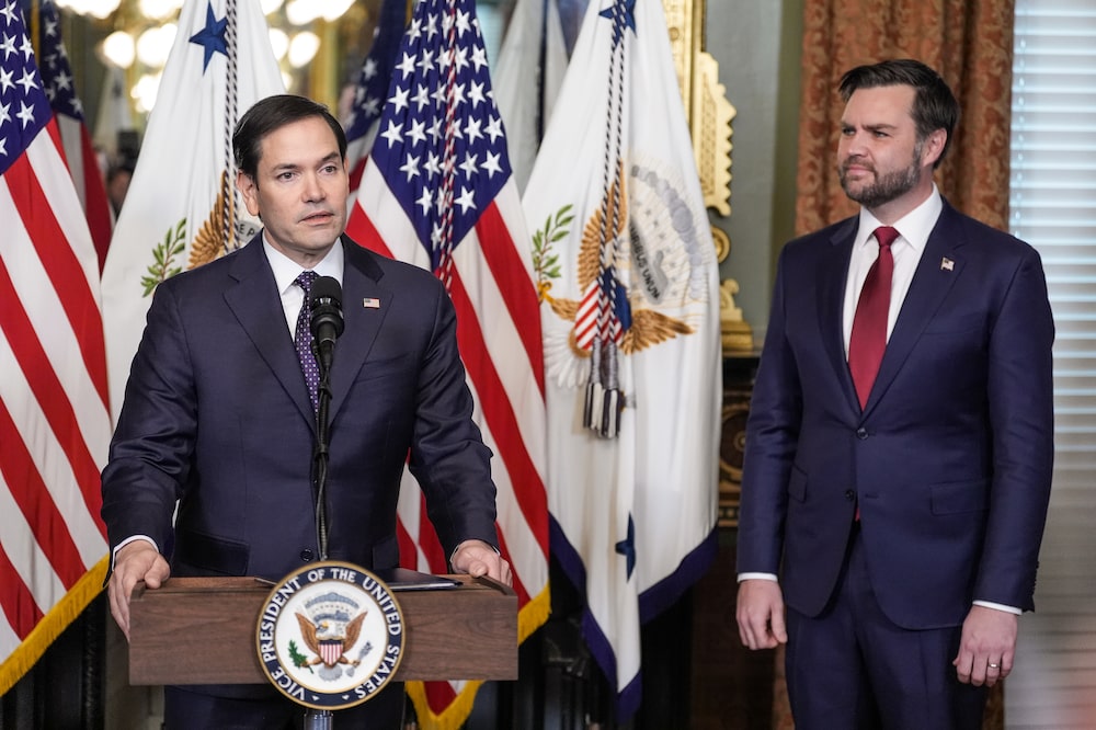 Marco Rubio, US secretary of state, left, and US Vice President JD Vance during a swearing-in ceremony in Washington, DC, US, on Tuesday, Jan. 21, 2025. Rubio, who served 14 years on the Senate Foreign Relations Committee, is one of Trump’s more conventional cabinet choices and was cleared by a vote of 99 to 0 on Monday. Photographer: Oliver Contreras/Sipa/Bloomberg Marco Rubio, US secretary of state, left, and US Vice President JD Vance during a swearing-in ceremony in Washington, DC, US, on Tuesday, Jan. 21, 2025. Rubio, who served 14 years on the Senate Foreign Relations Committee, is one of Trump’s more conventional cabinet choices and was cleared by a vote of 99 to 0 on Monday. Photographer: Oliver Contreras/Sipa/Bloomberg