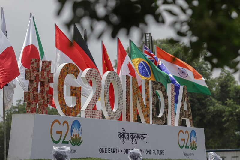 Las banderas nacionales de los países del G-20 en la sede de las reuniones de ministros de Finanzas, gobernadores de bancos centrales (FMCBG) y adjuntos de Finanzas y Bancos Centrales (FCBD) del G-20 en Gandhinagar, India. Las banderas nacionales de los países del G-20 en la sede de las reuniones de ministros de Finanzas, gobernadores de bancos centrales (FMCBG) y adjuntos de Finanzas y Bancos Centrales (FCBD) del G-20 en Gandhinagar, India.