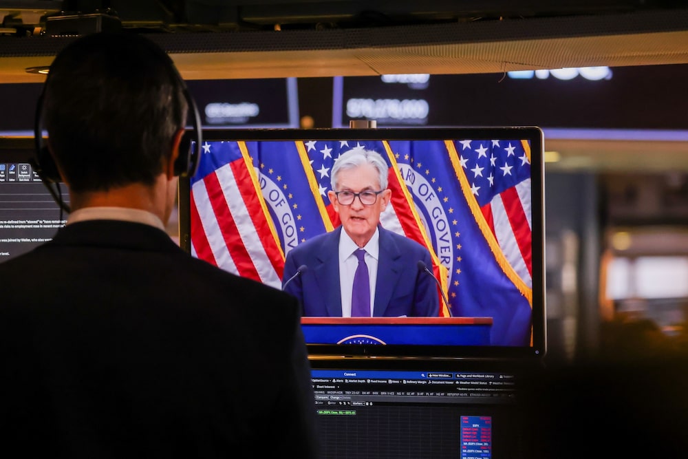 Una transmisión en vivo muestra a Jerome Powell hablando. Fotógrafo: Michael Nagle/Bloomberg Una transmisión en vivo muestra a Jerome Powell hablando. Fotógrafo: Michael Nagle/Bloomberg