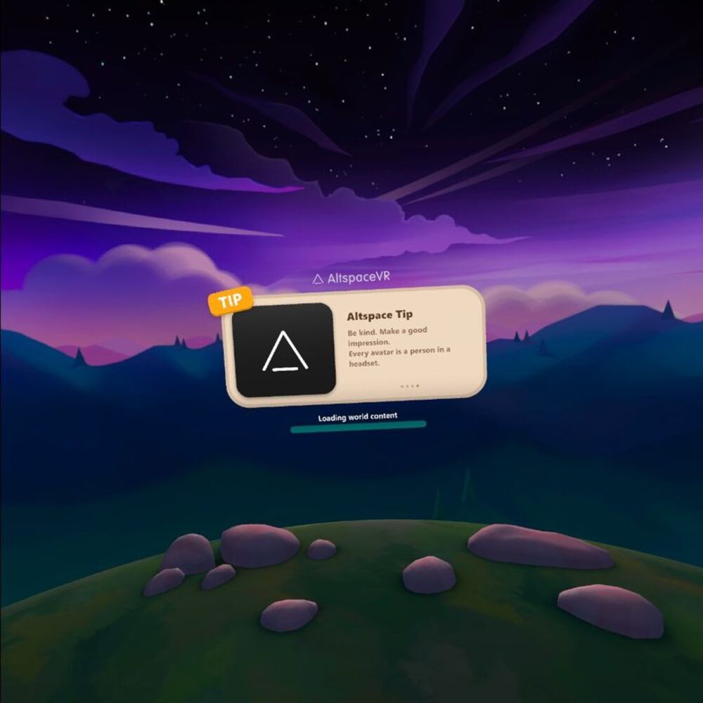 Microsoft’s social VR platform AltspaceVR offers a reminder about behavior before entering one of its virtual hangout spaces, where people strangers can mingle around a campfire or try throwing beanbags into a bin. Microsoft’s social VR platform AltspaceVR offers a reminder about behavior before entering one of its virtual hangout spaces, where people strangers can mingle around a campfire or try throwing beanbags into a bin.