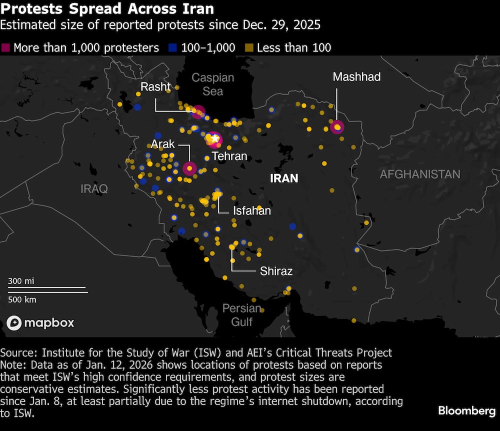 Tamaño estimado de las protestas reportadas desde el 29 de dic. de 2025. Tamaño estimado de las protestas reportadas desde el 29 de dic. de 2025.