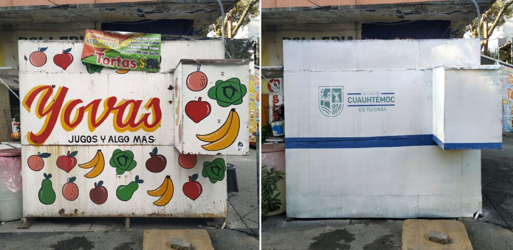 Un puesto de comida con un rótulo pintado a mano y el mismo puesto después de que funcionarios de la Alcaldía Cuauhtémoc lo repintaran.Fotógrafo: Hugo Mendoza Un puesto de comida con un rótulo pintado a mano y el mismo puesto después de que funcionarios de la Alcaldía Cuauhtémoc lo repintaran.Fotógrafo: Hugo Mendoza