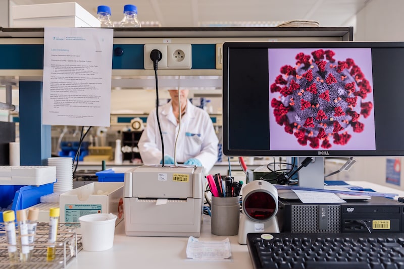 Un germen de coronavirus ampliado se muestra en el monitor de un ordenador de sobremesa durante las pruebas de detección de muestras de pacientes con coronavirus en los laboratorios de investigación virológica del hospital universitario UZ Leuven en Lovaina, Bélgica. Un germen de coronavirus ampliado se muestra en el monitor de un ordenador de sobremesa durante las pruebas de detección de muestras de pacientes con coronavirus en los laboratorios de investigación virológica del hospital universitario UZ Leuven en Lovaina, Bélgica.