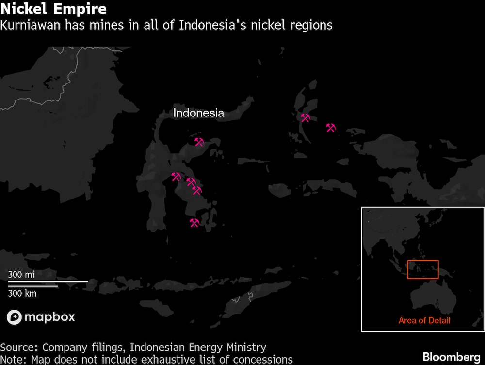 Império do níquel: Kurniawan tem minas em todas as regiões produtoras da Indonésia Império do níquel: Kurniawan tem minas em todas as regiões produtoras da Indonésia