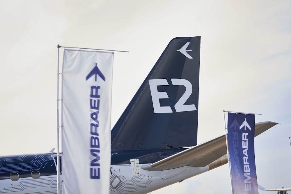 An Embraer E190-E2 on display at the Singapore Airshow at the Changi Exhibition Centre in Singapore An Embraer E190-E2 on display at the Singapore Airshow at the Changi Exhibition Centre in Singapore
