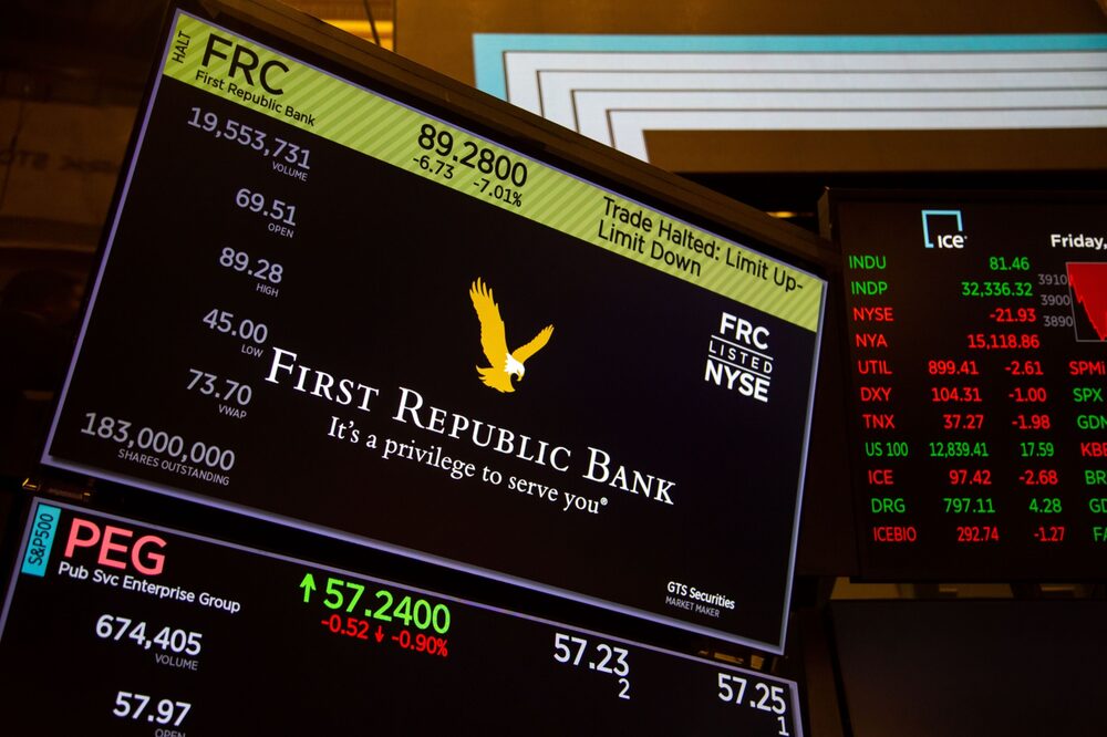 First Republic Bank signage as trading is halted on the floor of the New York Stock Exchange in New York, US, on Friday, March 10, 2023. Photographer: Michael Nagle/Bloomberg First Republic Bank signage as trading is halted on the floor of the New York Stock Exchange in New York, US, on Friday, March 10, 2023. Photographer: Michael Nagle/Bloomberg