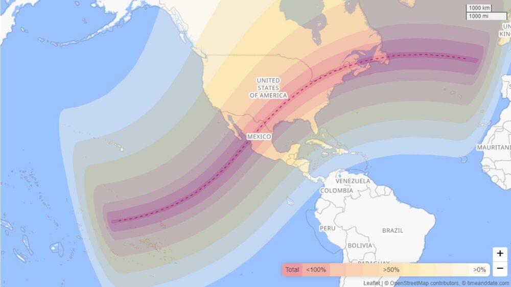 El mapa muestra la visibilidad del eclipse total de sol del 8 de abril de 2024. (Fuente: timeanddate) El mapa muestra la visibilidad del eclipse total de sol del 8 de abril de 2024. (Fuente: timeanddate)
