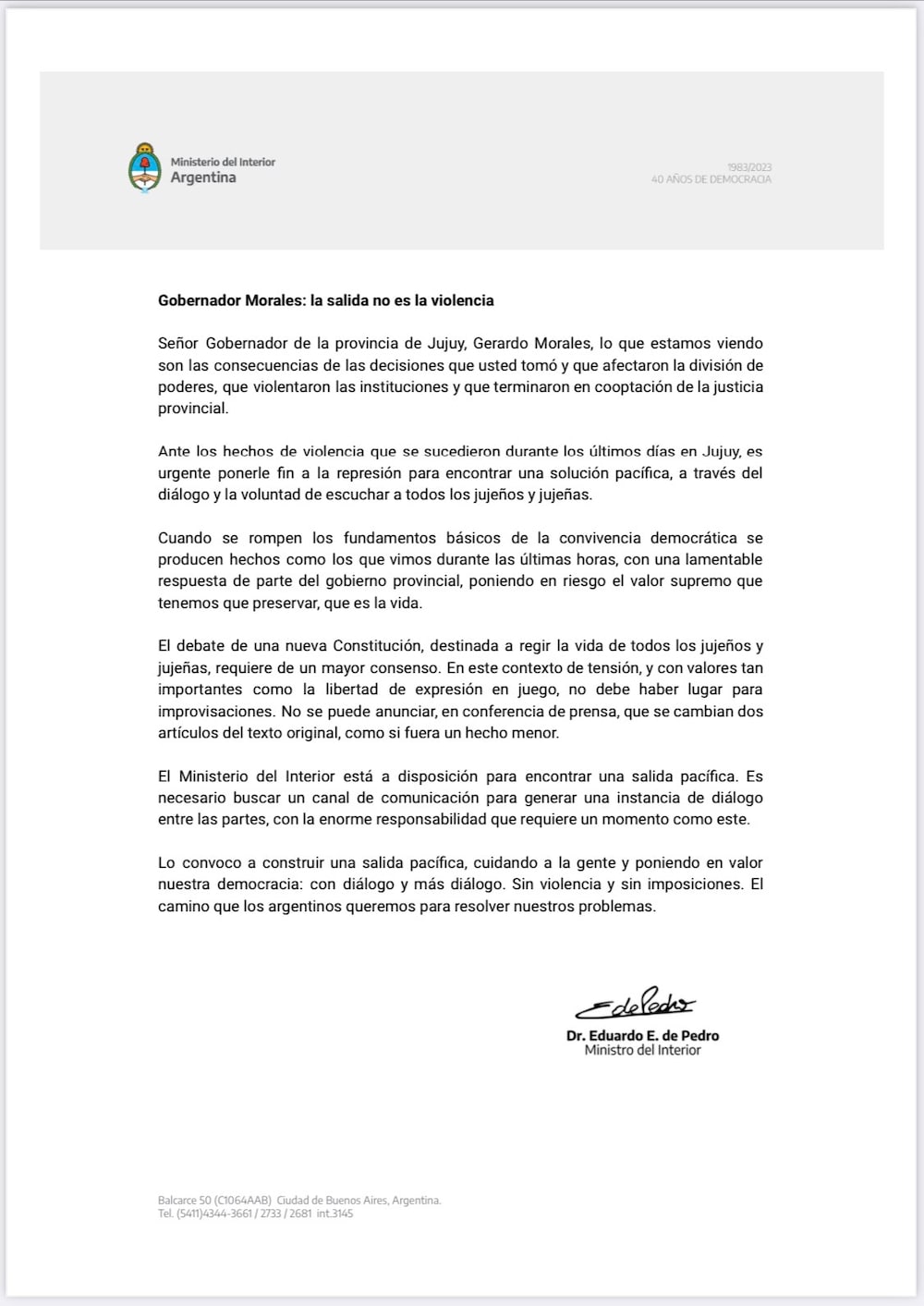 El comunicado oficial del Ministerio del Interior de Argentina sobre las protestas en Jujuy. El comunicado oficial del Ministerio del Interior de Argentina sobre las protestas en Jujuy.