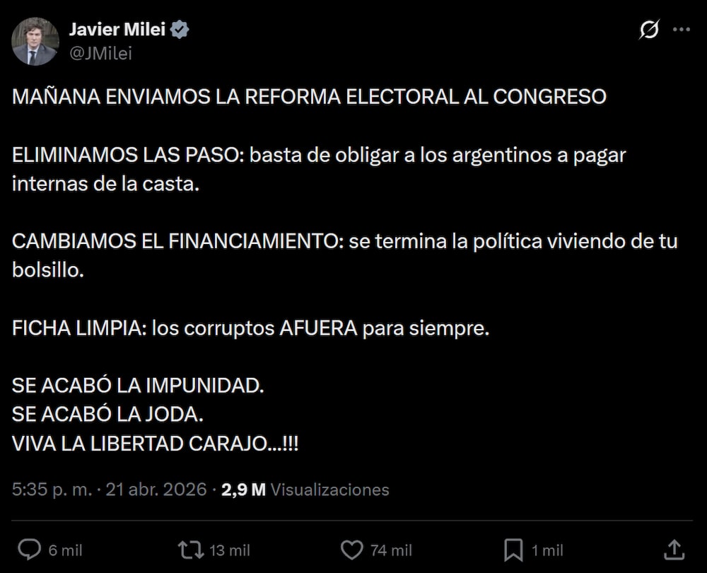 La iniciativa fue anunciada por Milei en abril La iniciativa fue anunciada por Milei en abril