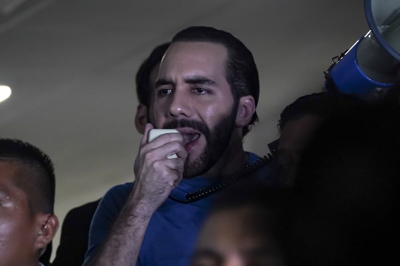 Nayib Bukele, El Salvador's president, speaks during a rally at the Supreme Electoral Court in San Salvador, El Salvador, on Thursday, Oct. 26, 2023. Bukele finalized his reelection bid for 2024, despite objections from legal experts and opposition figures who say the country's constitution prohibits his candidacy. Nayib Bukele, El Salvador's president, speaks during a rally at the Supreme Electoral Court in San Salvador, El Salvador, on Thursday, Oct. 26, 2023. Bukele finalized his reelection bid for 2024, despite objections from legal experts and opposition figures who say the country's constitution prohibits his candidacy.