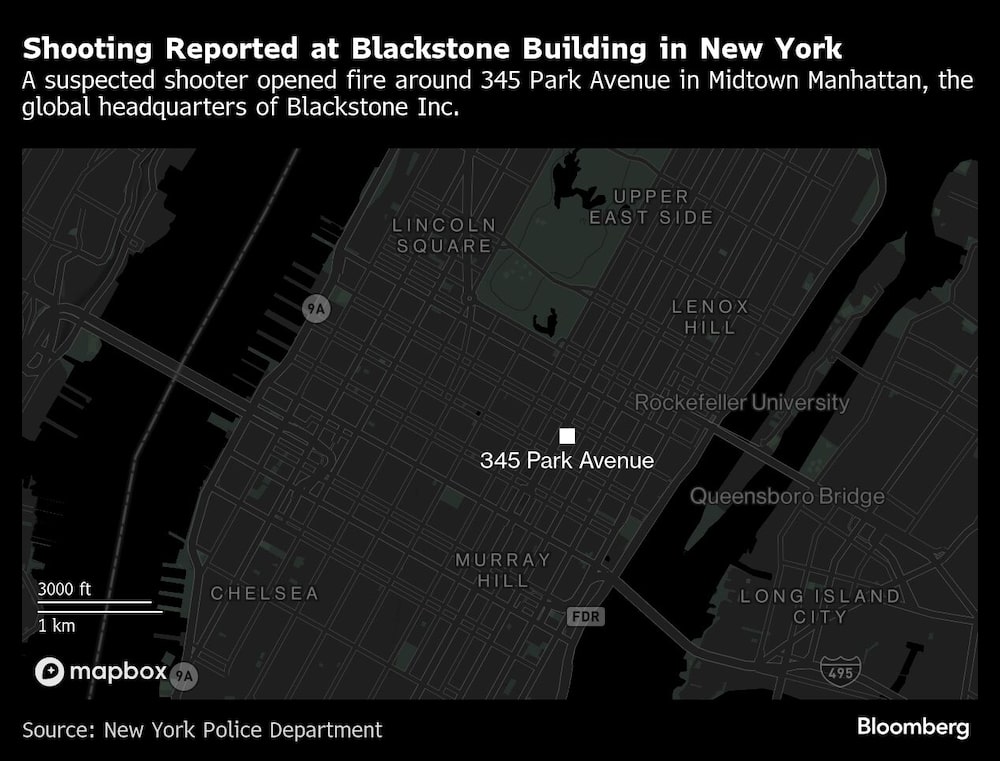 Un presunto tirador abrió fuego en los alrededores del número 345 de Park Avenue, en Midtown Manhattan, sede mundial de Blackstone Inc. Un presunto tirador abrió fuego en los alrededores del número 345 de Park Avenue, en Midtown Manhattan, sede mundial de Blackstone Inc.