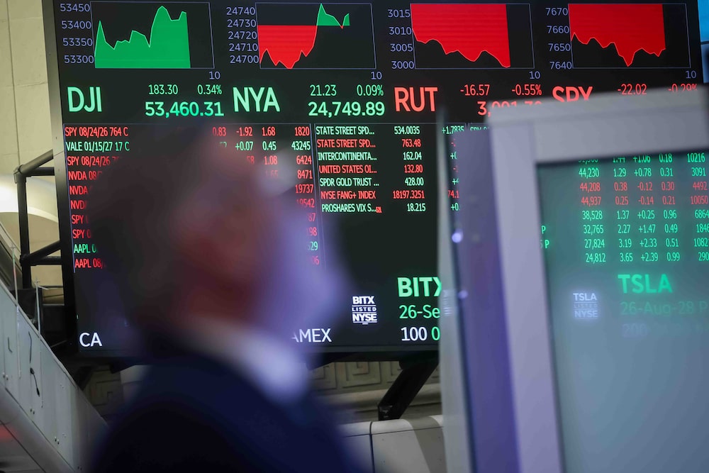 Market information on the floor of the New York Stock Exchange (NYSE) in New York, US, on Monday, Aug. 24, 2026. Technology stocks dragged down the equity market in a risk-off start to a week stacked with high-stakes geopolitical and economic events. Photographer: Michael Nagle/Bloomberg Market information on the floor of the New York Stock Exchange (NYSE) in New York, US, on Monday, Aug. 24, 2026. Technology stocks dragged down the equity market in a risk-off start to a week stacked with high-stakes geopolitical and economic events. Photographer: Michael Nagle/Bloomberg