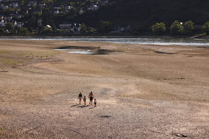 Un grupo de personas camina por el lecho del río Rin Un grupo de personas camina por el lecho del río Rin