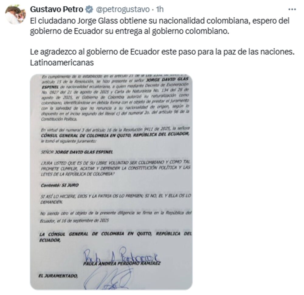 Colombia otorga ciudadanía a Jorge Glas y Petro pide a Ecuador que lo entreguen Colombia otorga ciudadanía a Jorge Glas y Petro pide a Ecuador que lo entreguen