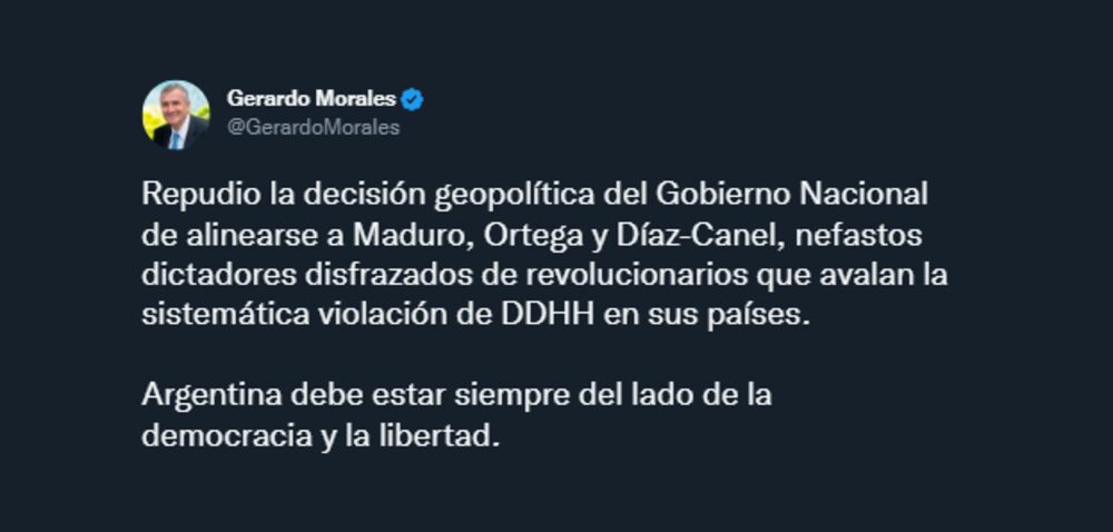 El gobernador de Jujuy y presidente de la UCR, Gerardo Morales, se sumó a las críticas a Maduro. El gobernador de Jujuy y presidente de la UCR, Gerardo Morales, se sumó a las críticas a Maduro.